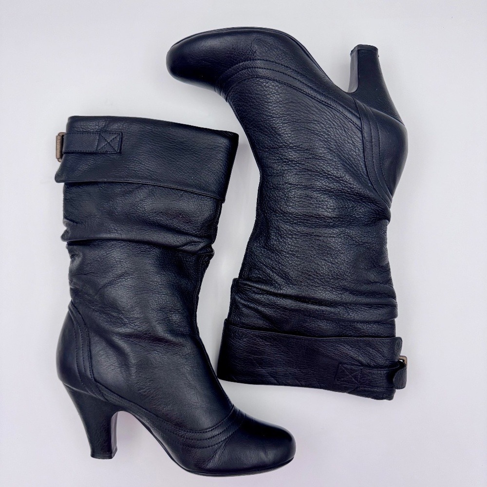 Steve Madden Women's Black Leather Slouchy/Ruched Mid-Calf Heel Boots - Size 5.5
